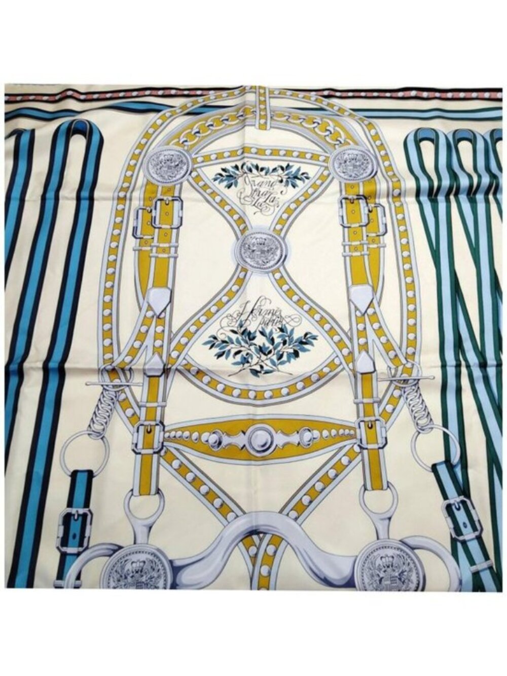 Hermès Mors à la Conétable Carré 90 Silk Scarf Cream Blue Equestrian Vintage - Picture 9 of 10
